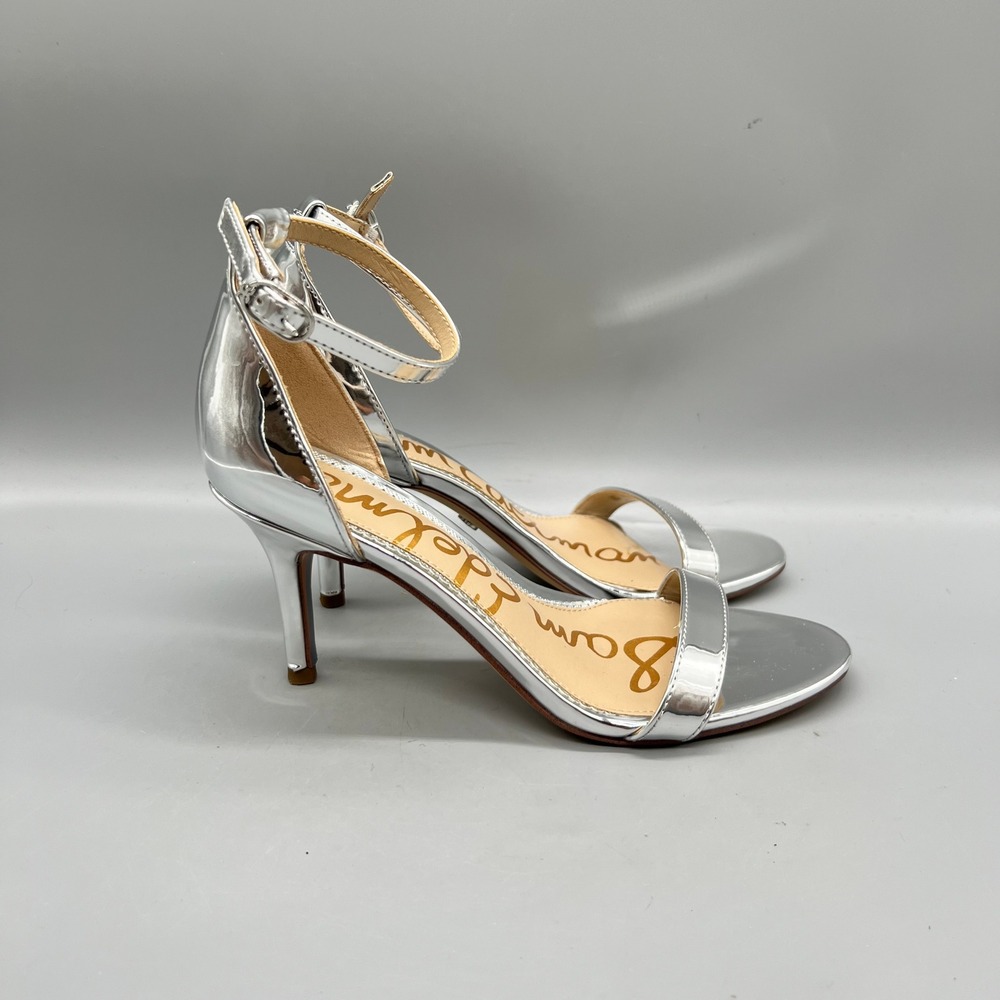 Sam Edelman Sandals Womens 6 Silver Metallic Ankle Strap Stiletto Patti Heel